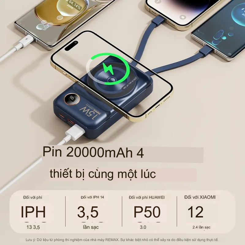 Sạc Dự Phòng RPP 519 20000mah kiêm Sạc Không Dây 15w  Tích Hợp 2 Dây Sạc Nhanh Type C và ipon
