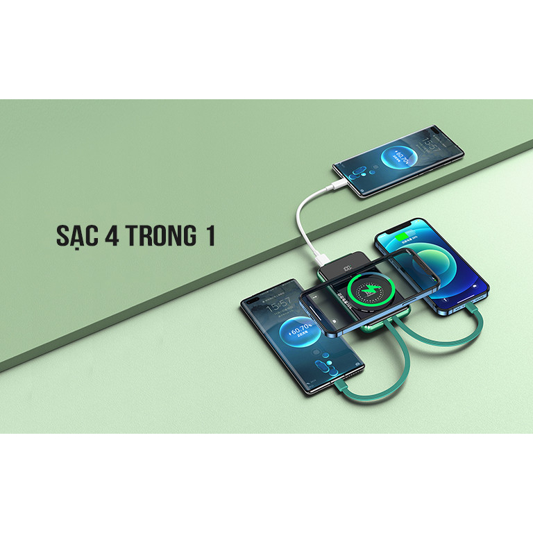 Sạc Dự Phòng RPP 519 20000mah kiêm Sạc Không Dây 15w  Tích Hợp 2 Dây Sạc Nhanh Type C và ipon