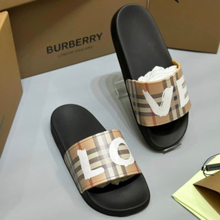 Burberry Beige Vintage Check Love Furley Slides. Dép Burberry Love Quảng Châu