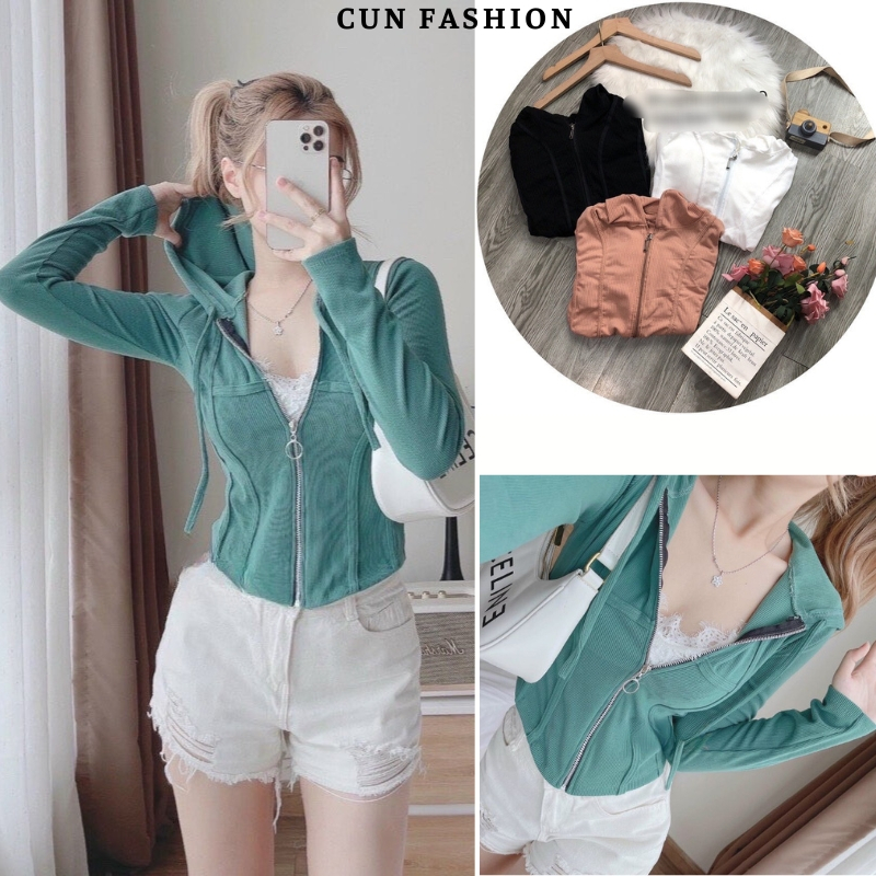 Áo thun kiểu dây kéo dài tay C047 , Áo khoác thun gân l1 có mũ xinh xắn cho nữ dưới 55kg kiểu dáng thời trang cao cấp