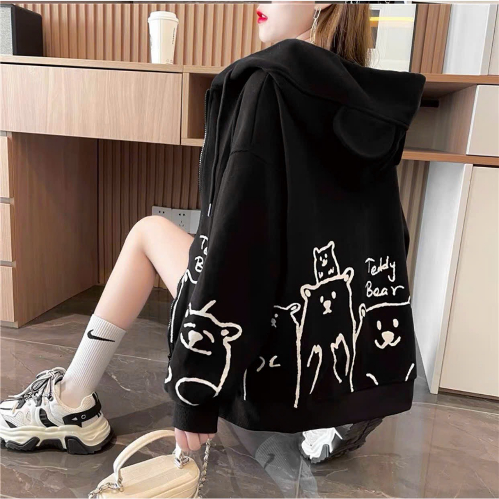 Áo Khoác Nỉ Nữ Form Rộng Họa Tiết Gấu Teddy Bear Phối Khóa Kéo Kèm Nón 2 Lớp Tai Gấu Chống Nắng Cao Cấp Hot Trend