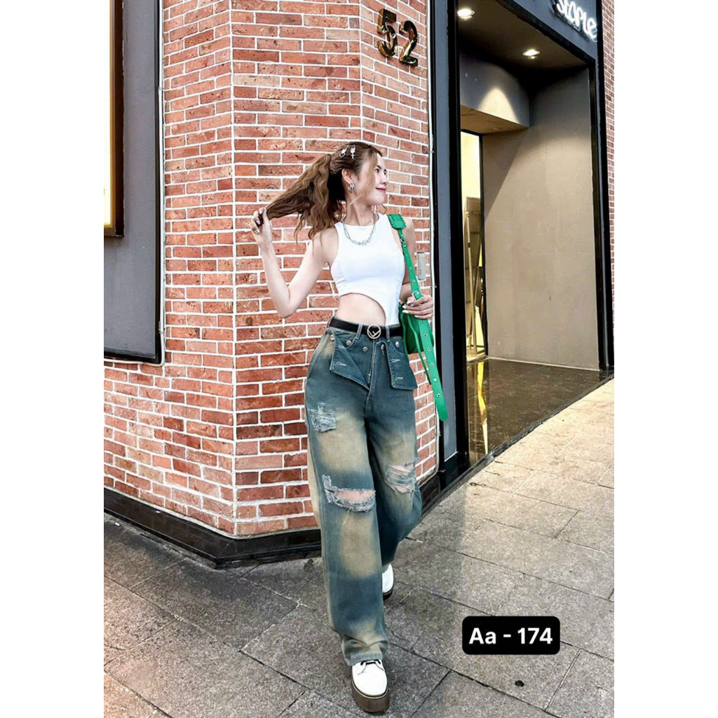 Jean xuông nữ cách điệu Wash 2 màu cực ngầu phong cách Trung