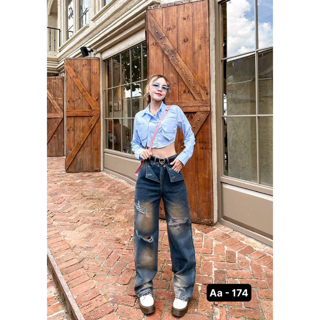 Jean xuông nữ cách điệu Wash 2 màu cực ngầu phong cách Trung