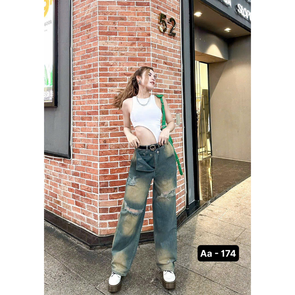 Jean xuông nữ cách điệu Wash 2 màu cực ngầu phong cách Trung