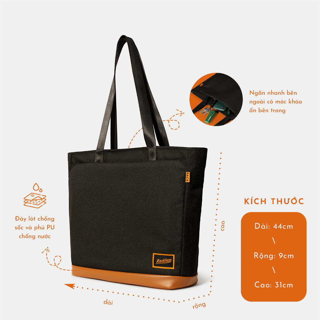 Túi Tote Reckless May Tote - Vải Polyester, Nhiều Ngăn Tiện Ích, Ngăn Laptop 14 Inch