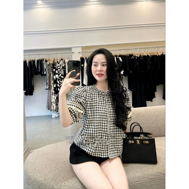 Áo sơ mi kẻ cổ tàu phối ren cho nữ style Hàn Quốc trẻ trung năng động - Có buôn sỉ-SP 4141