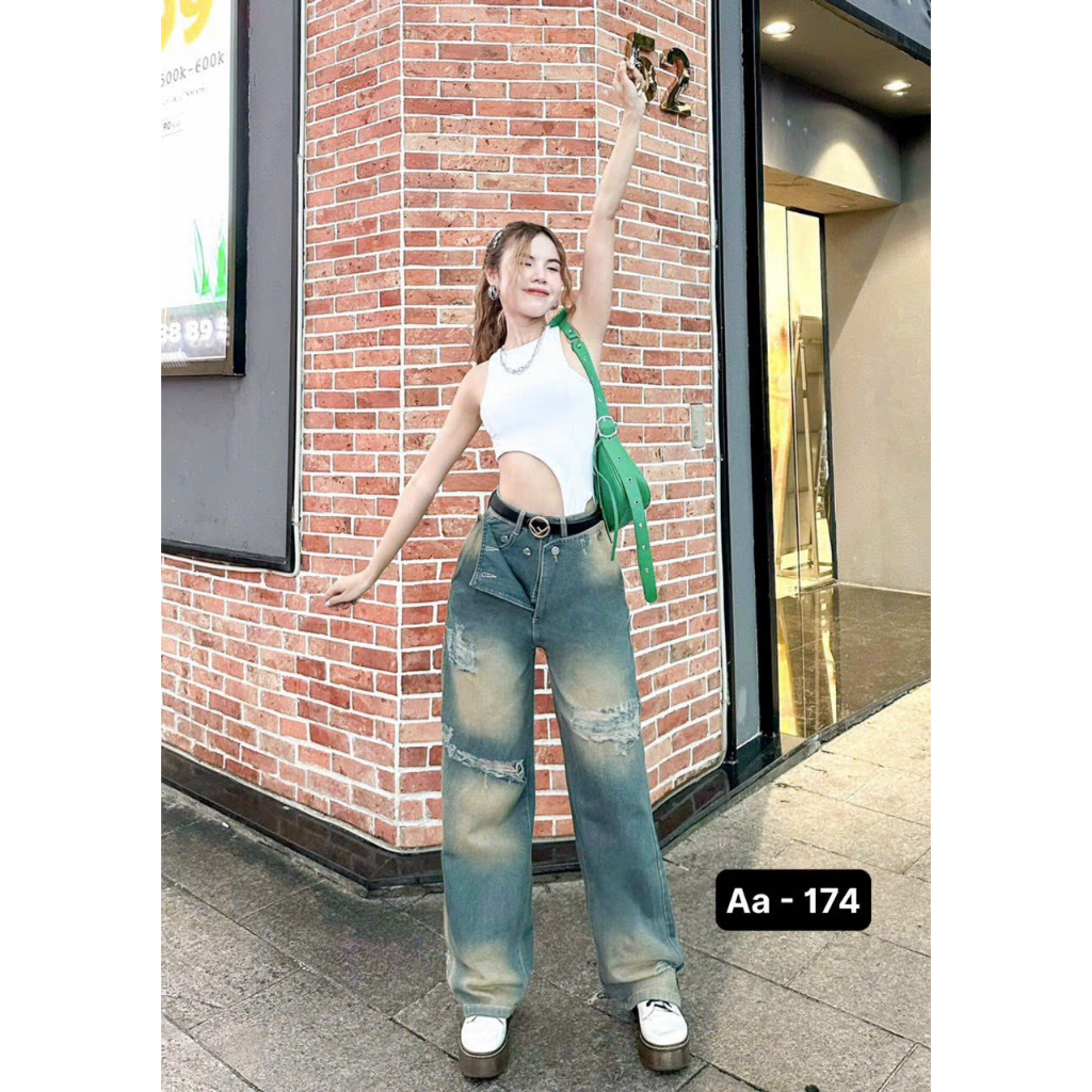 Jean xuông nữ cách điệu Wash 2 màu cực ngầu phong cách Trung