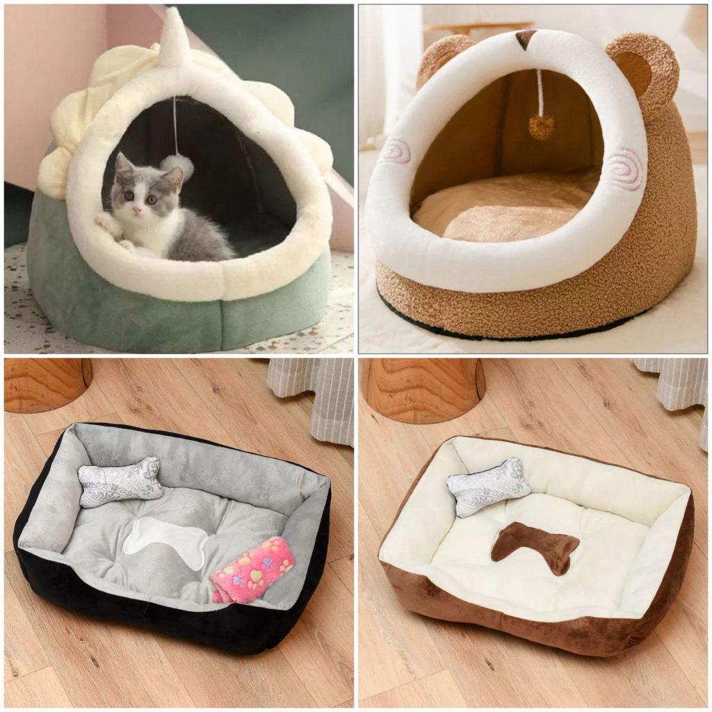 Ổ Đệm Cho Mèo, Giường Mèo Êm Ái Có Vành Tai Kèm Cục Bông Tròn Đồ Chơi Dành Cho Thú Cưng 40x44x34cm