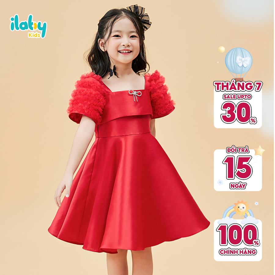 Váy công chúa bé gái ILABY tay chuông cổ vuông chất liệu tafta kèm lót lụa habuta mềm mại cho bé 10-30kg [12IL1739E3I]