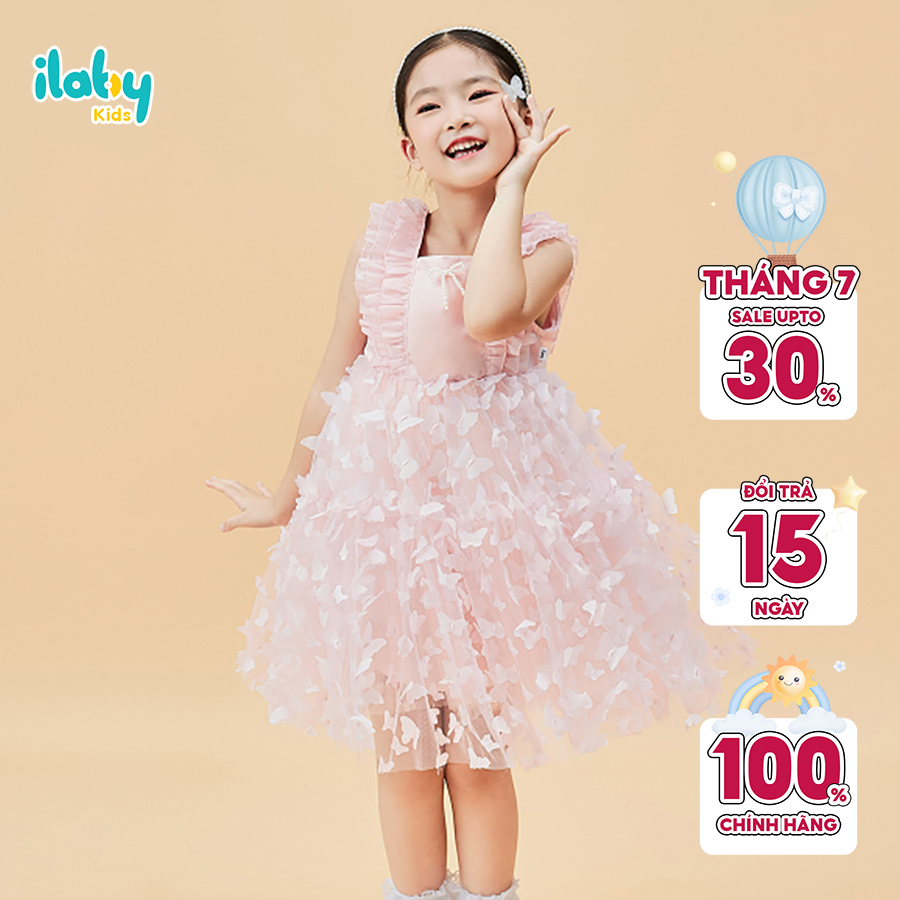 Váy công chúa bé gái ILABY phối hình 3D nhún tùng chất liệu tơ ánh phối tutu cho bé 10-27kg [12IL1787E3IC]