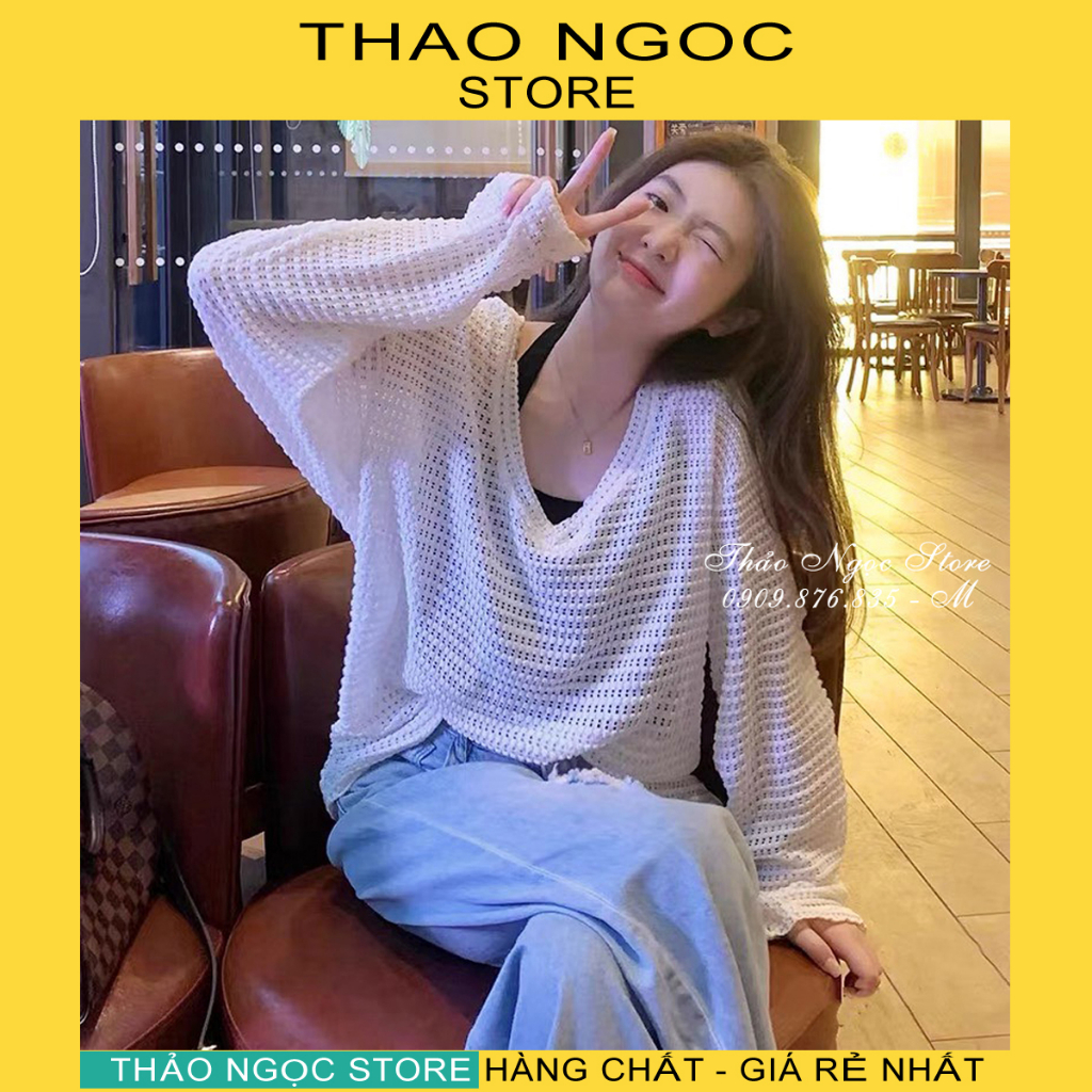Áo len lưới cổ tim tay dài form rộng phối áo lót trong hàng QC! (hàng có sẵn, hình thật) THẢO NGỌC STORE