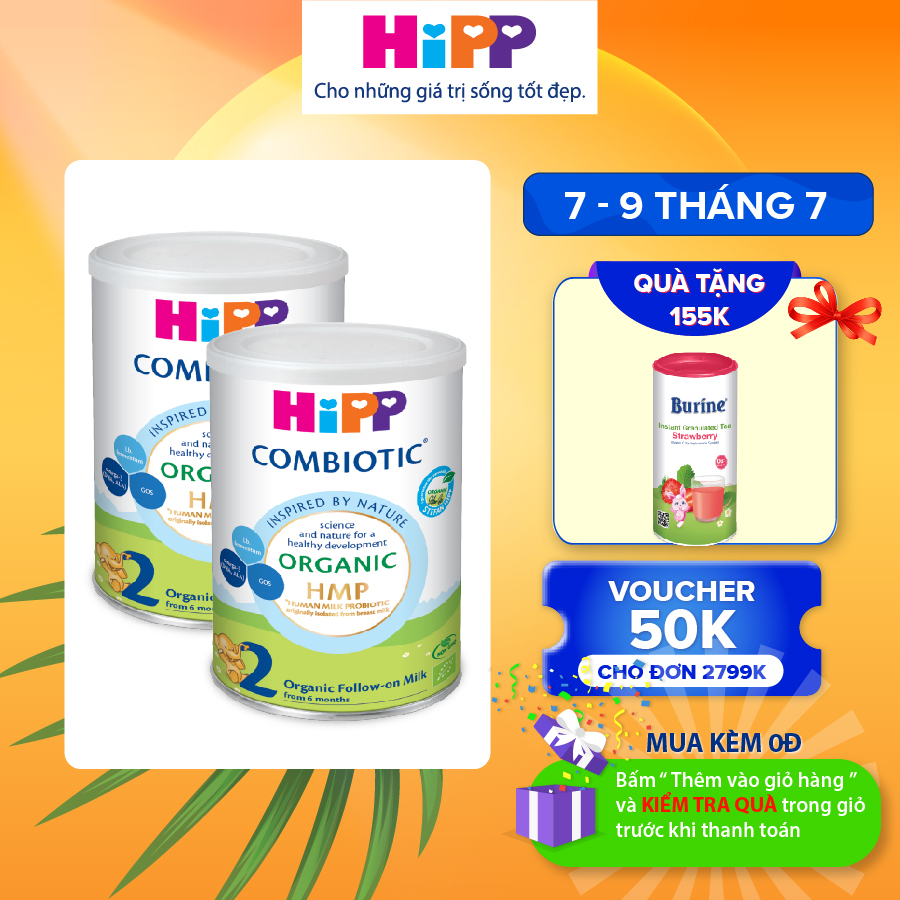 Combo 2 lon Sữa bột công thức HiPP 2 Organic Combiotic 350g bổ sung DHA trực tiếp (2 lon x 350g)