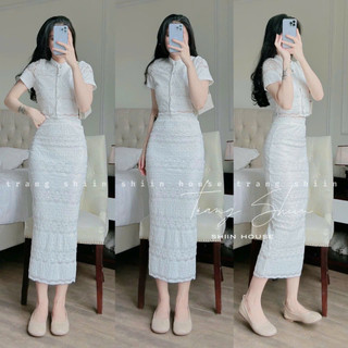 Set váy áo len ren tay ngắn cài nút cổ đứng kèm chân váy ôm body cực tôn dáng sang trọng