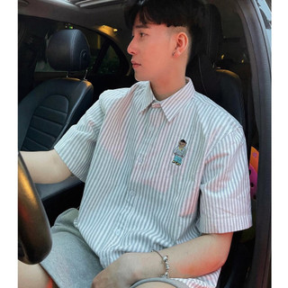 Áo sơ mi ngắn tay sọc xám gấu thêu chất cotton lụa 100% cao cấp