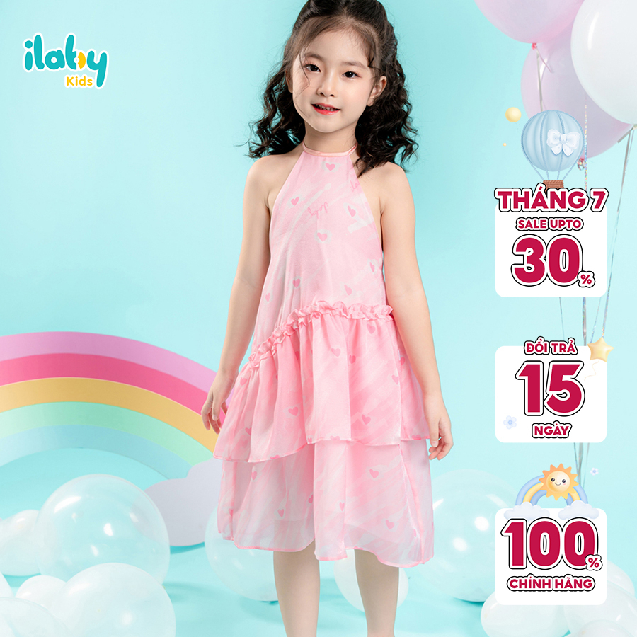 Váy tơ họa tiết cổ yếm bé gái ILABY chất liệu tơ mềm thoáng mát kèm lót cho bé 2-11 tuổi [10IG1705D3DL]