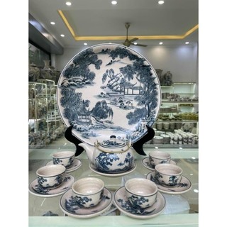 Bộ ấm chén men rạn Bát Tràng vẽ tùng chùa