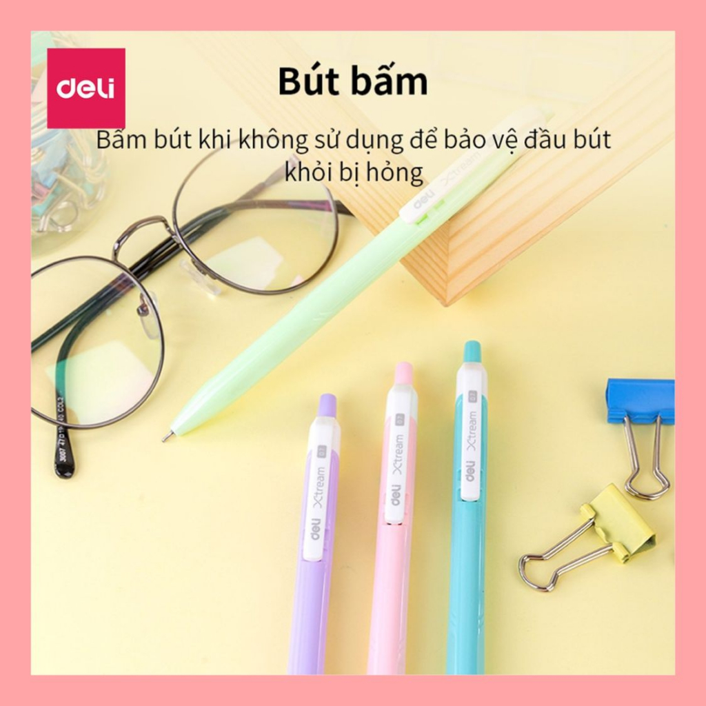 Bút bi xanh văn phòng dạng bấm ngòi 0.7mm - bút deli viết mực xanh đều nét đậm cực đẹp