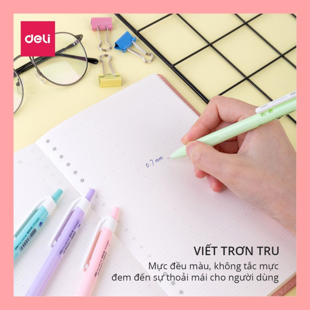 Bút bi xanh văn phòng dạng bấm ngòi 0.7mm - bút deli viết mực xanh đều nét đậm cực đẹp