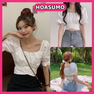 Áo kiểu croptop cột nơ sau lưng tay phồng bánh bèo tiểu thư crt trể vai cột nơ sau lưng chất voan dáng babydoll sa166