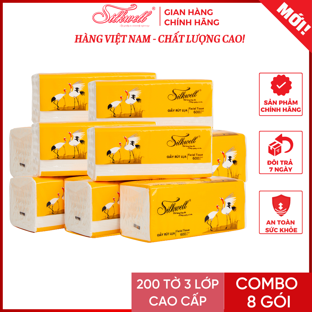 Combo 10 giấy ăn rút Silkwell Sếu 200 tờ 3 lớp hàng cao cấp, lụa mềm mịn không tẩy trắng chính hãng