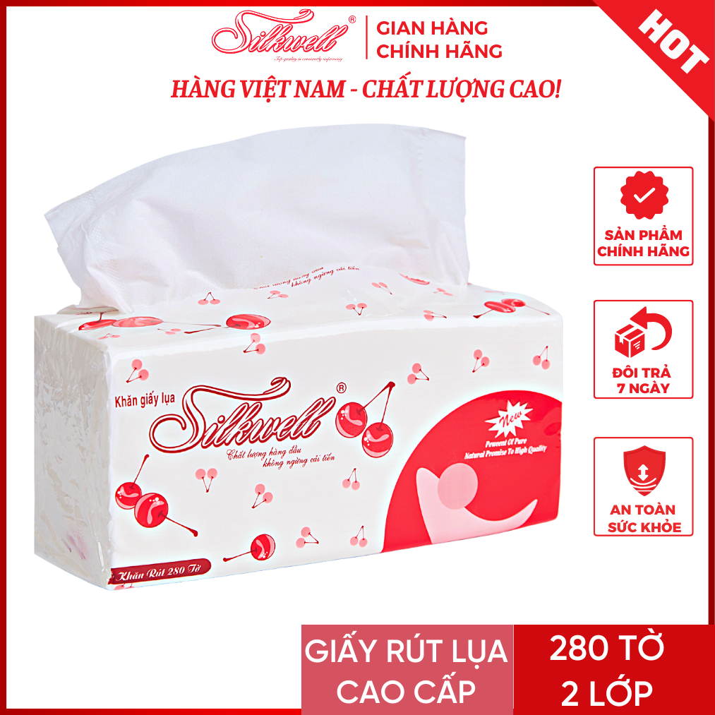 Khăn giấy ăn rút lụa cao cấp Silkwell 280 tờ 2 lớp Cherry đỏ mềm mịn