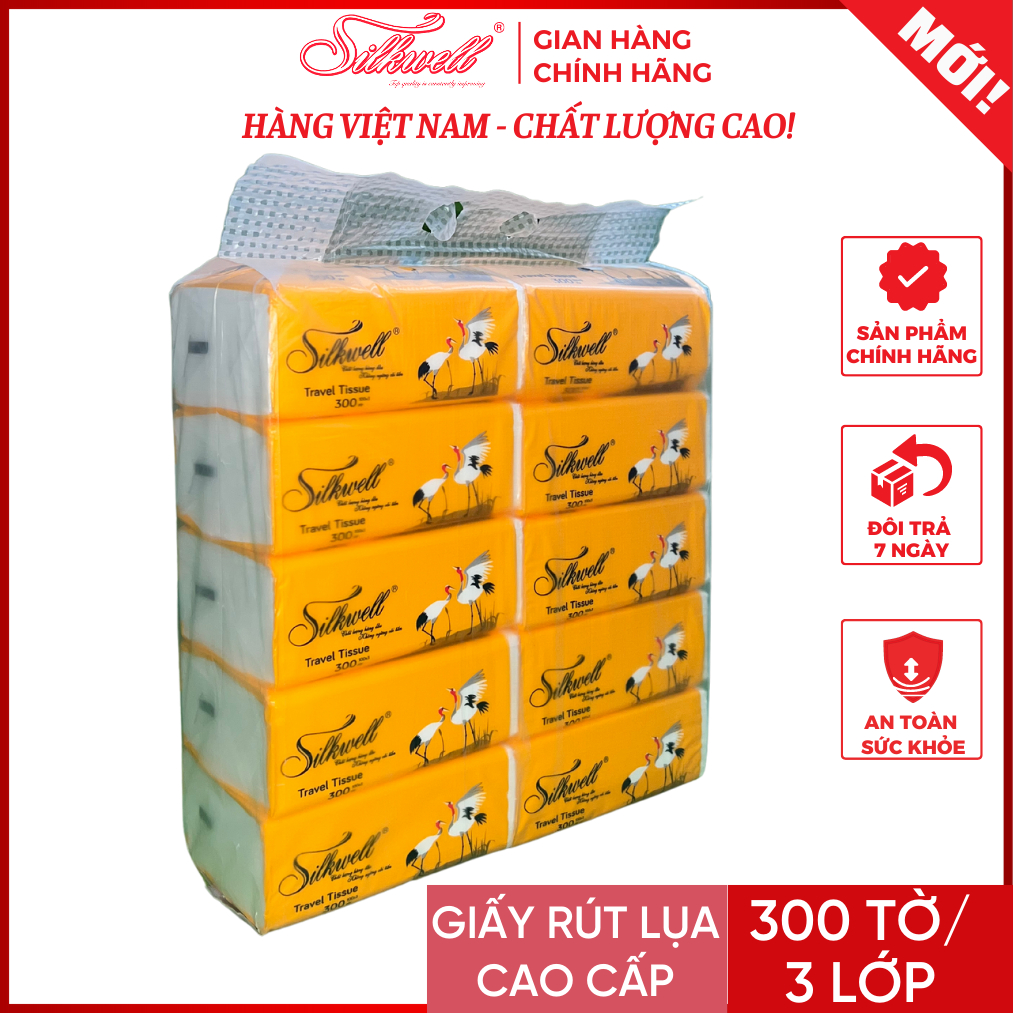 Bịch 10 gói giấy rút lụa Sếu 100 tờ 3 lớp Silkwell cao cấp dai mềm mịn + không bụi giấy