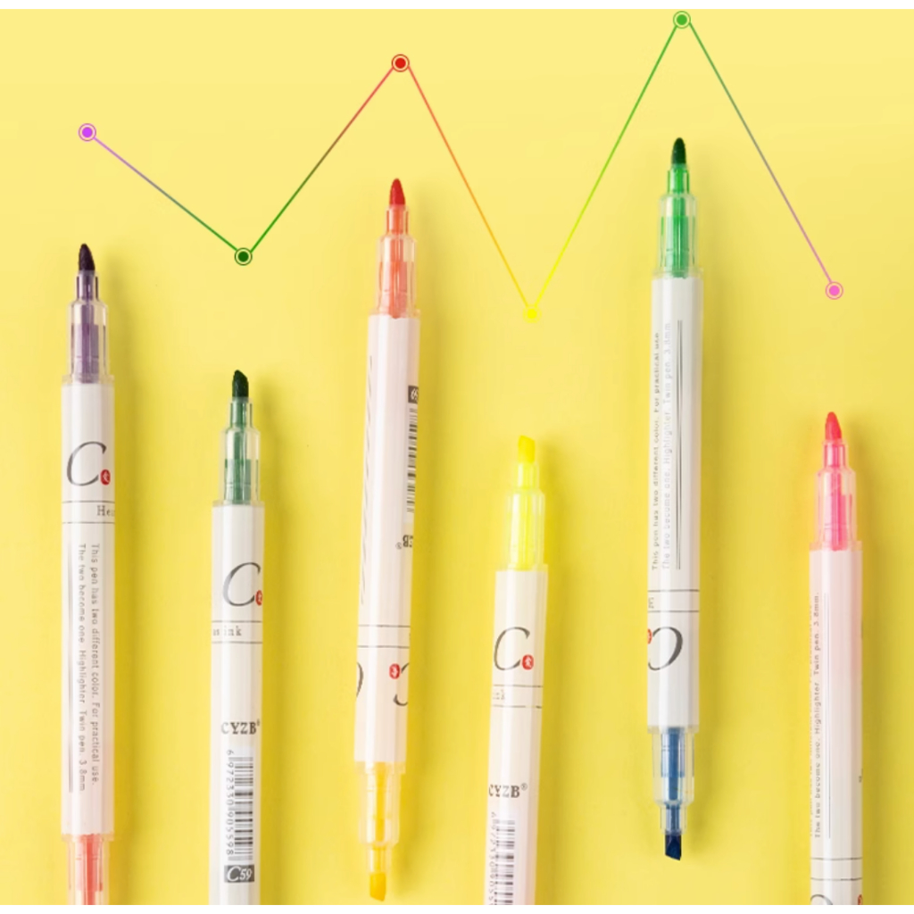 Bộ bút highlight 12 màu 2 đầu Hi03, bút nhớ đánh dấu nhiều màu 2 ngòi