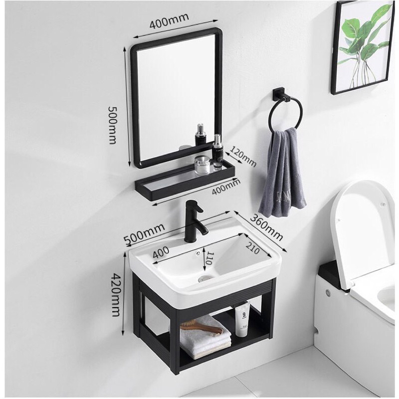 BỘ 4 MÓN TỦ NHÔM SƠN TĨNH ĐIỆN ĐEN + CHẬU LAVABO + KỆ GƯƠNG + GƯƠNG