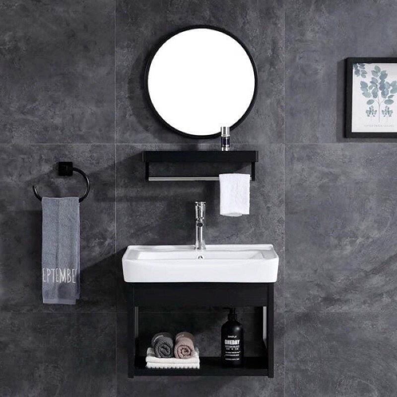 BỘ 4 MÓN TỦ NHÔM SƠN TĨNH ĐIỆN ĐEN + CHẬU LAVABO + KỆ GƯƠNG + GƯƠNG