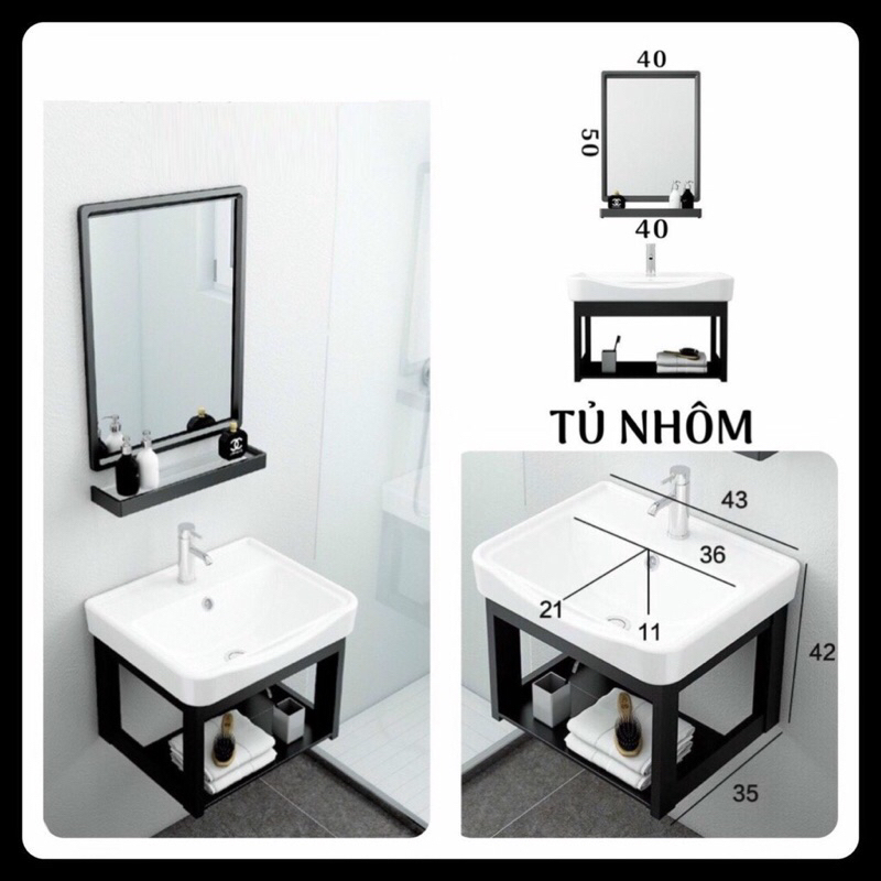 BỘ 4 MÓN TỦ NHÔM SƠN TĨNH ĐIỆN ĐEN + CHẬU LAVABO + KỆ GƯƠNG + GƯƠNG