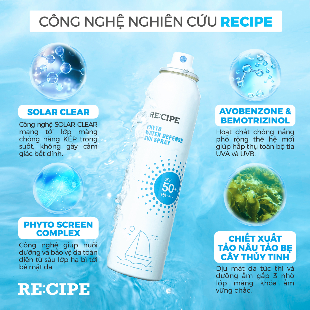Xịt Chống Nắng RECIPE SPF50+ PA++++ Chống Nắng, Không Trôi Recipe Phyto Water Defense Sun Spray 180ml