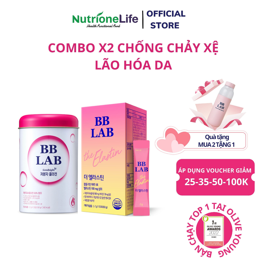 Combo Bột Uống BB LAB The Elastin và Low Molecular Collagen Bổ Sung Collagen Giúp Da Khỏe Mạnh Tăng Độ Đàn Hồi 30Gói/Hộp