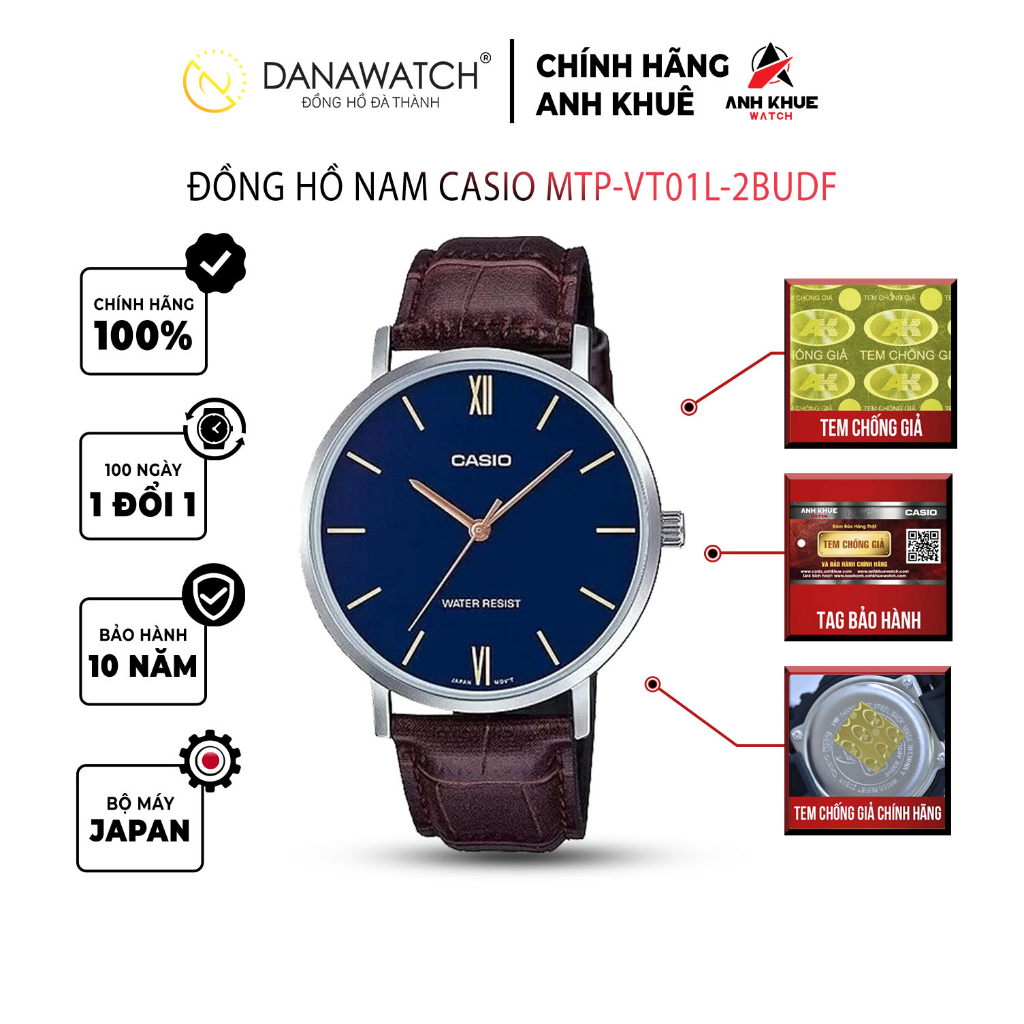 Đồng hồ Casio Nam chính hãng Casio Nhật Bản MTP-VT01L-2BUDF dây da chính hãng thép không gỉ chống nước tốt