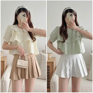 Áo sơ mi đũi gân croptop babydoll bèo 2 tầng cổ sen - hitao001