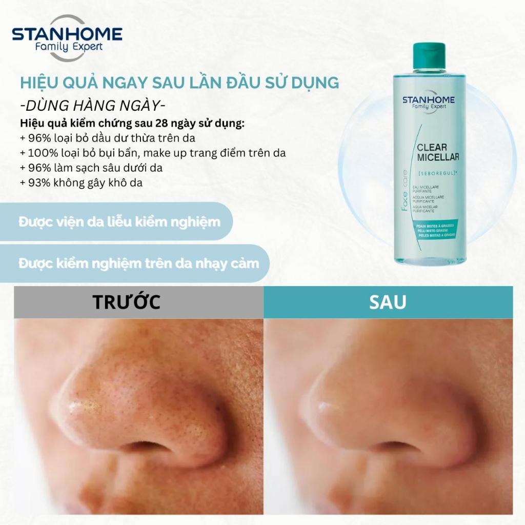 Nước Tẩy Trang Và Rửa Mặt Làm Sạch Sâu 2 trong 1 STANHOME Clear Micellar Bảo Vệ pH Sinh Lý Cho Da 400ML