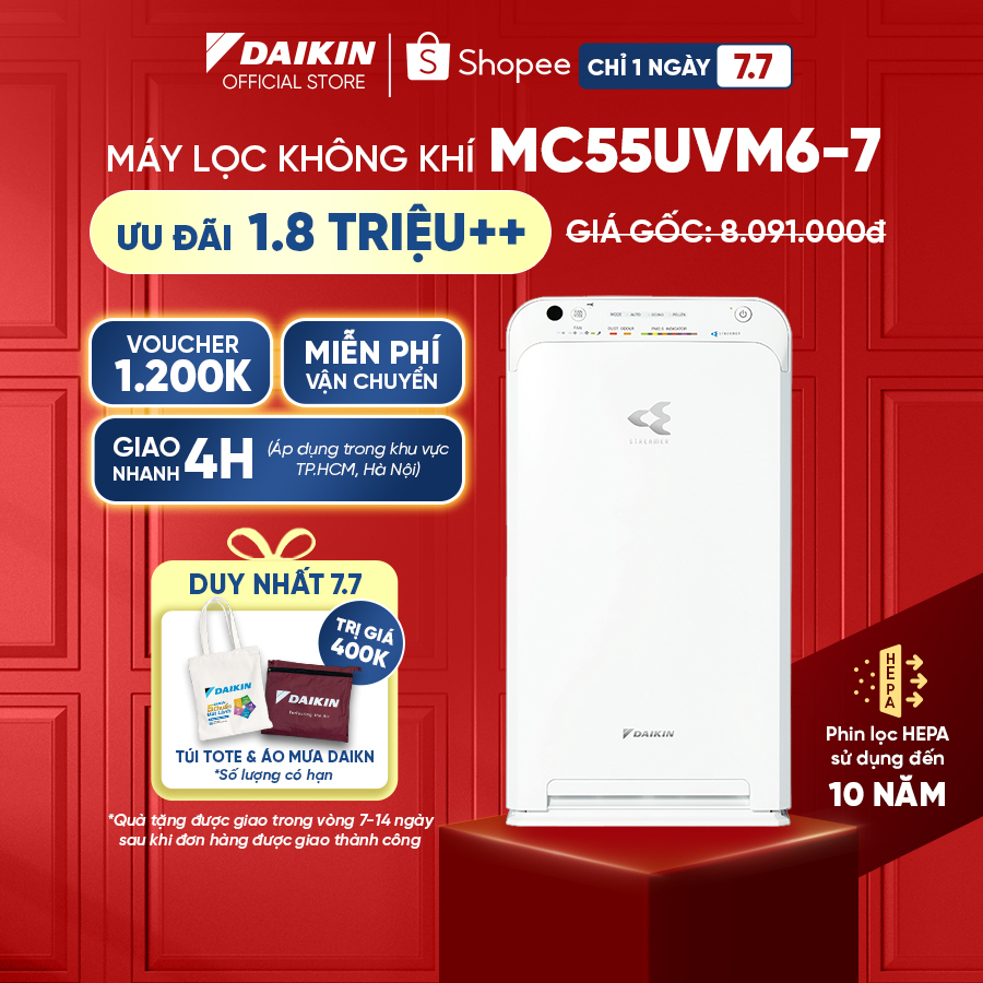 Máy Lọc không khí Daikin MC55UVM6-7 - Phù hợp phòng 41m2 Công nghê Streamer