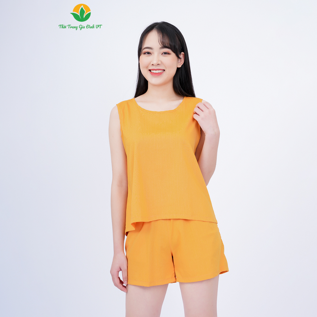 Bộ đồ nữ mùa hè Việt Thắng, quần đùi, áo sát nách Linen màu - B42.2308