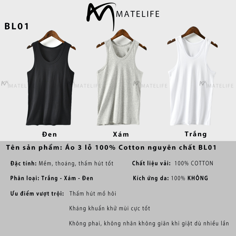 Áo ba lỗ nam Cotton 100% MATELIFE Basics thun lạnh BLMTL06