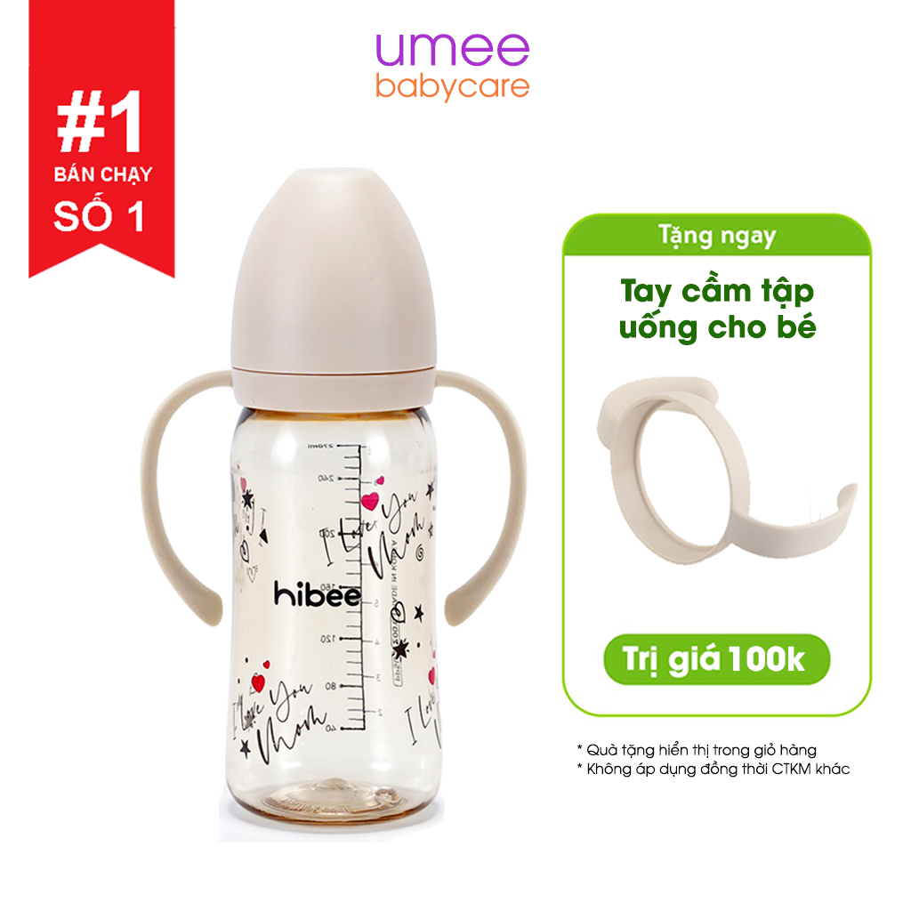 Bình sữa Hibee 170ml 270ml Hàn Quốc họa tiết I Love You Mom, Bình sữa cho bé tùy chọn núm, cam kết chính hãng