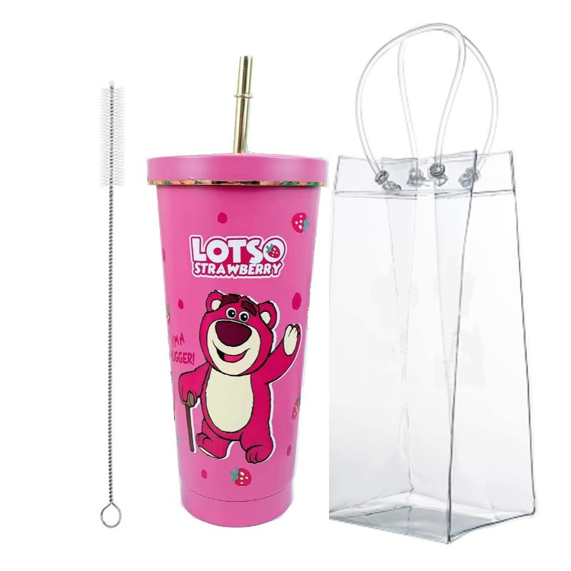 Bình giữ nhiệt họa tiết gấu dâu Lotso 750ml bằng inox 304 tặng kèm túi đựng ly que cọ ống hút