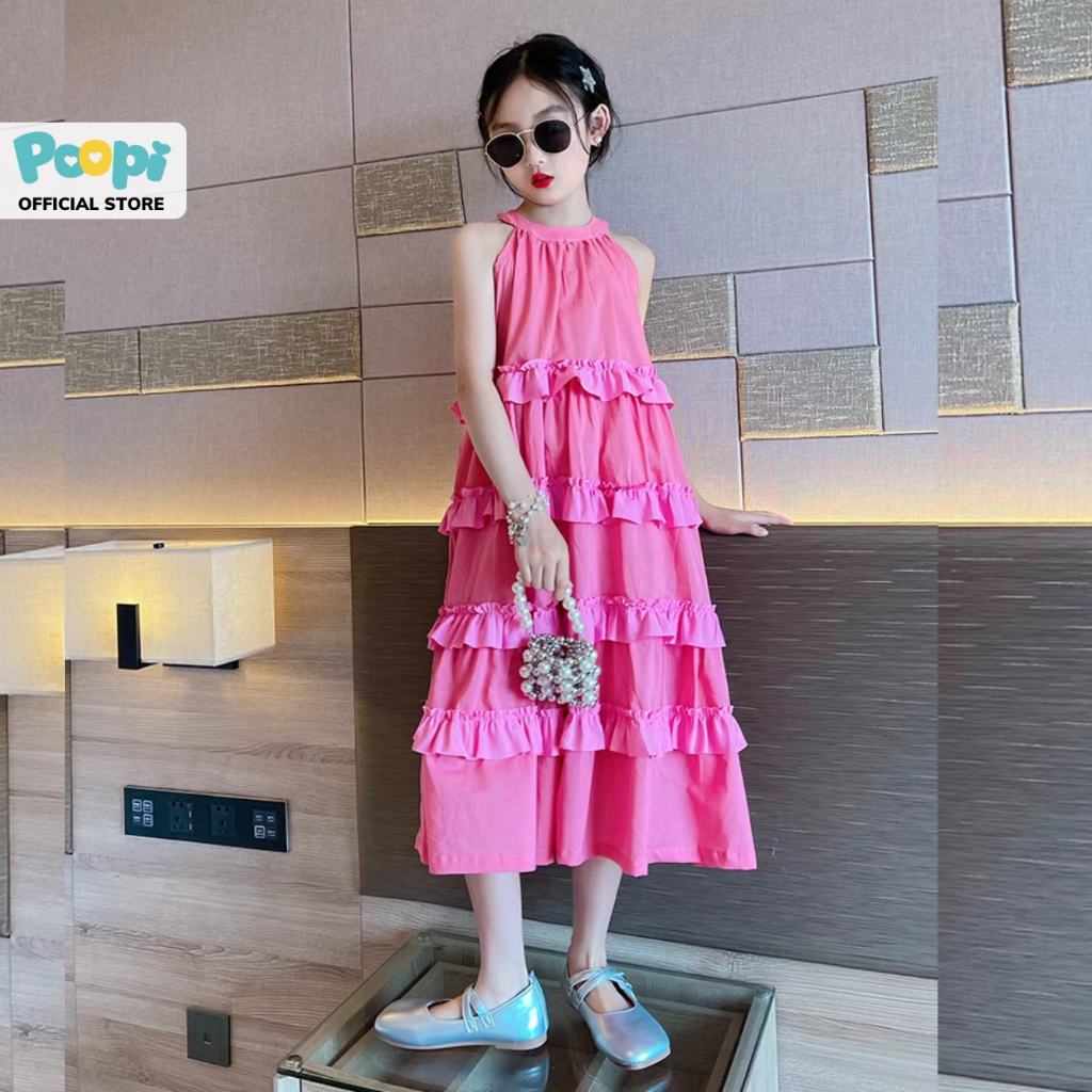 Váy Bé Gái Poopi Dáng Dài Cổ Yếm Phối Bèo Dễ Thương, Đầm Maxi Cho Bé
