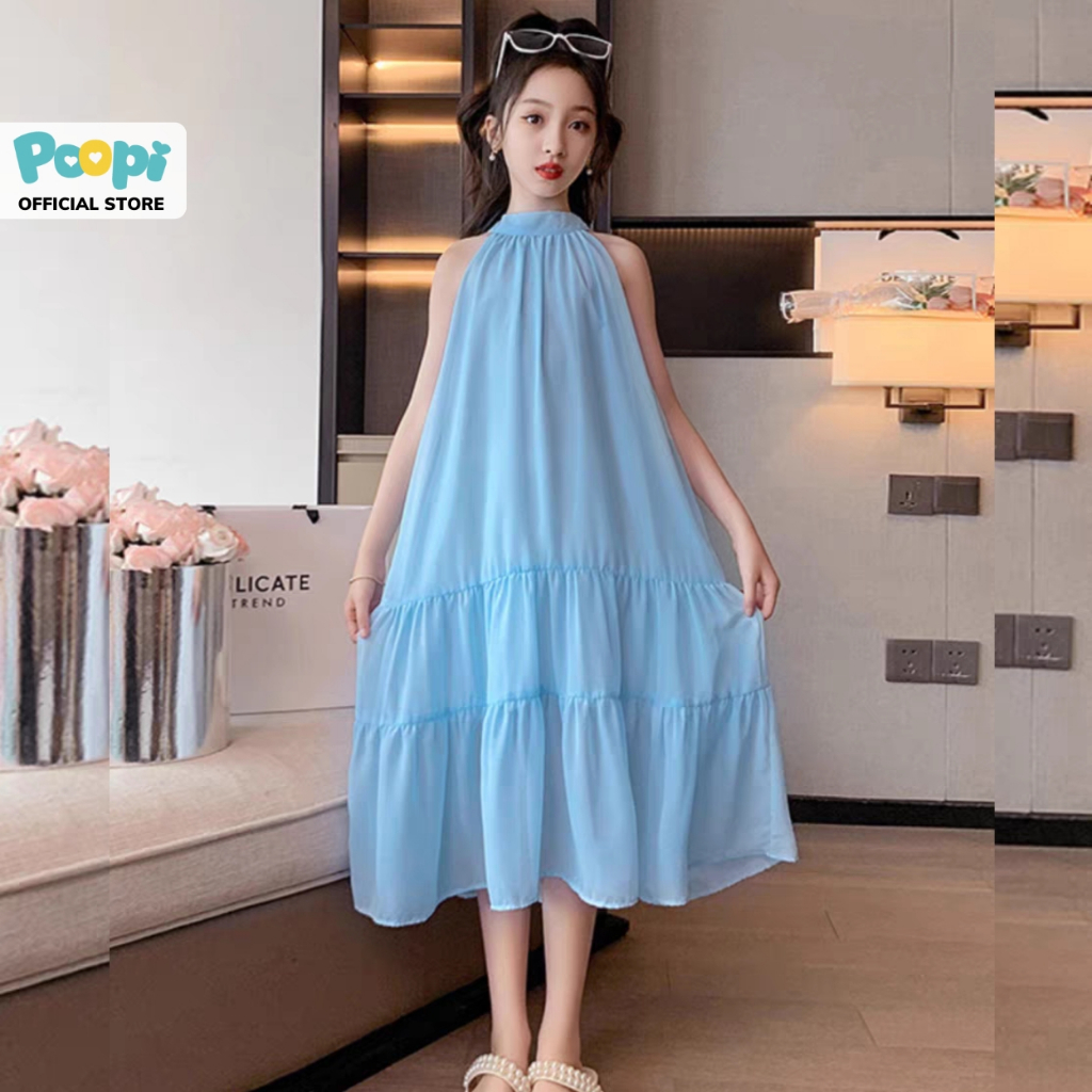 Váy Bé Gái Poopi Thiết Kế Kiểu Cổ Yếm Xinh Đẹp, Đầm Maxi Cho Bé