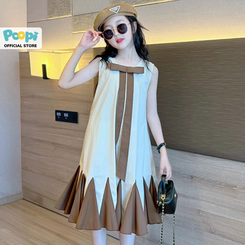 Váy Bé Gái Poopi Dáng Xuông Xòe Đuôi Cá Đính Nơ Xinh, Đầm Cho Bé Gái Mùa hè