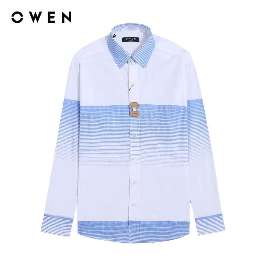 OWEN - Áo sơ mi dài tay Nam Owen dáng Slim Fit màu Trắng phối Xanh chất liệu Bamboo-Microfiber - AS23305D