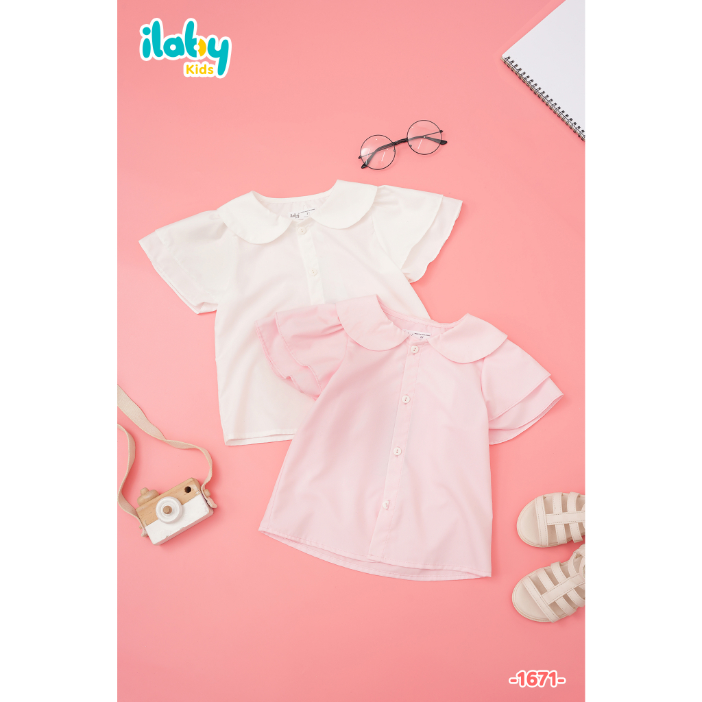 Áo sơ mi bé gái ILABY tay hai tầng chất liệu thô cotton mềm mại thoáng mát