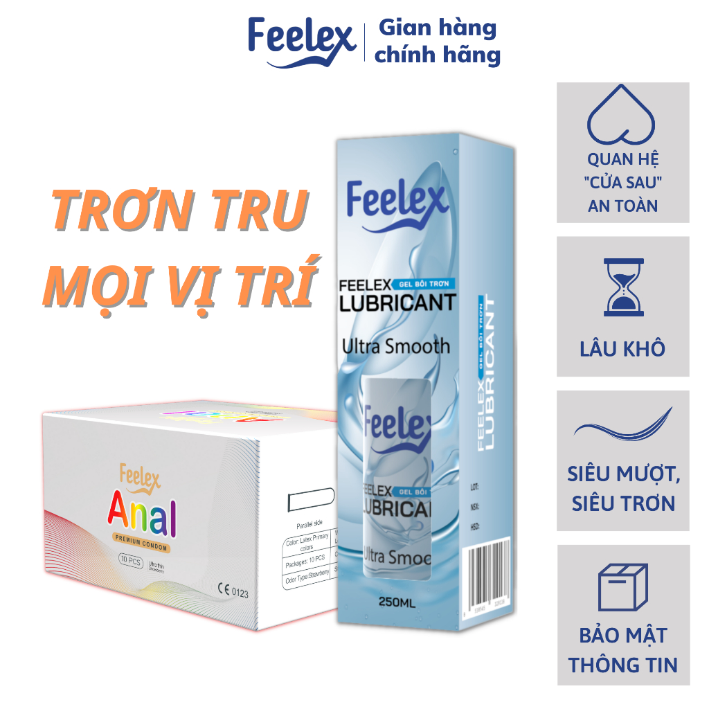 Combo trơn trượt Bao cao su hậu môn Feelex Anal và Gel bôi trơn quan hệ Feelex Lubricant siêu trơn