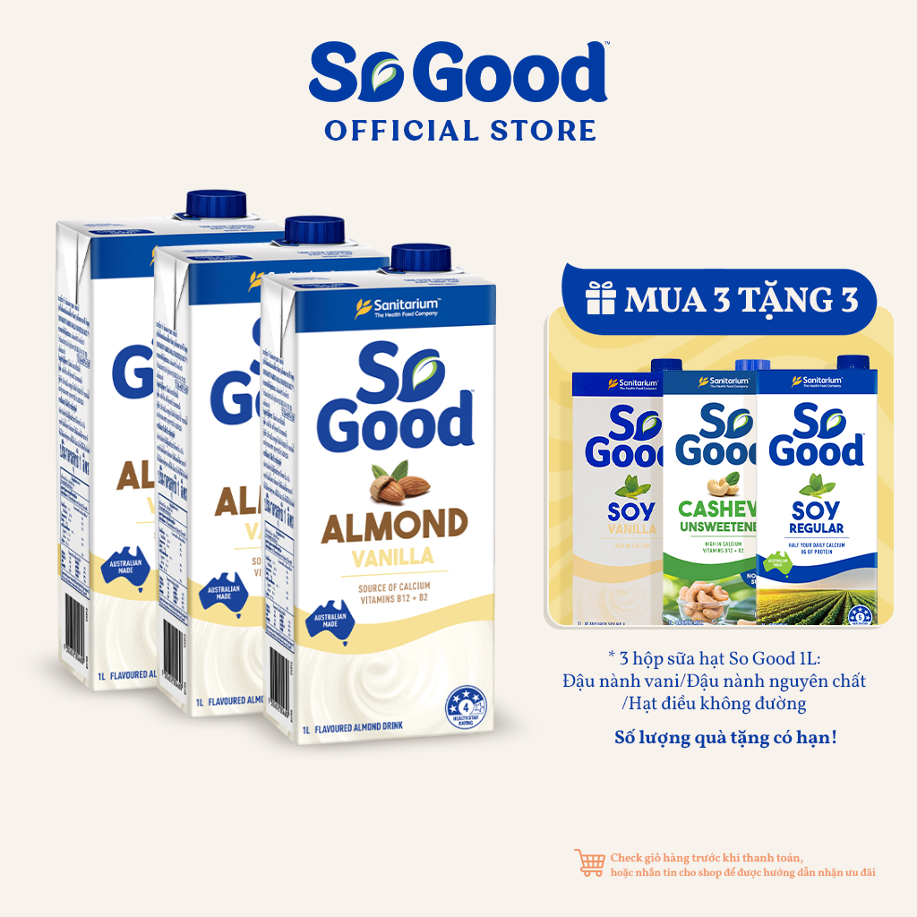 Combo 3 hộp sữa hạt hạnh nhân hương vani SO GOOD 1 Lít bổ sung canxi và vitamin, phù hợp người ăn kiêng
