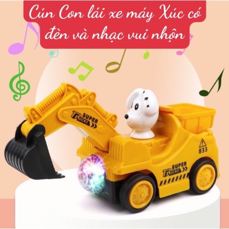 Con cún con lái máy múc biết chạy tránh vật cản, phát đèn và nhạc vui nhộn
