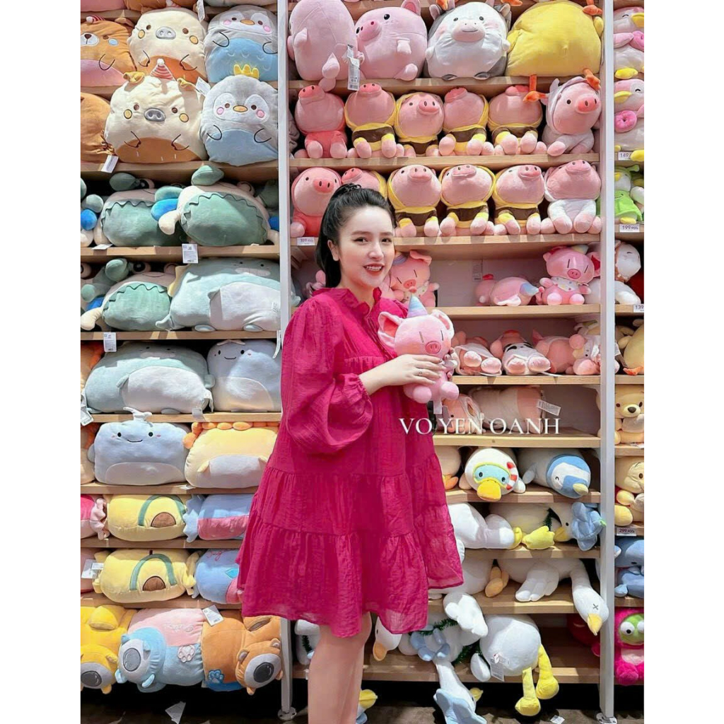 Đầm Lụa Cổ Bèo Tay Dài Bo Chun Dáng Mini Xòe, 2 Màu Xanh Lá Hồng, Chất Mềm Mịn Mặc Thỏa Mái,Đầm babydoll tay phồng MTB