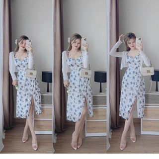 Đầm.váy hoa xẻ tà kèm áo khoác cardigan mỏng, set váy hoa xanh cúp ngực mix với áo khoác trắng xinh xắn tiểu thư DX